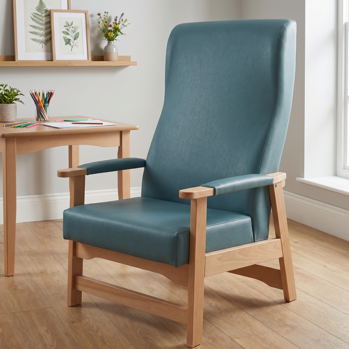 A high-back bariatric chair with a teal blue upholstered seat and backrest, supported by a light natural wood frame, shown in a nursing home next to a wooden desk.