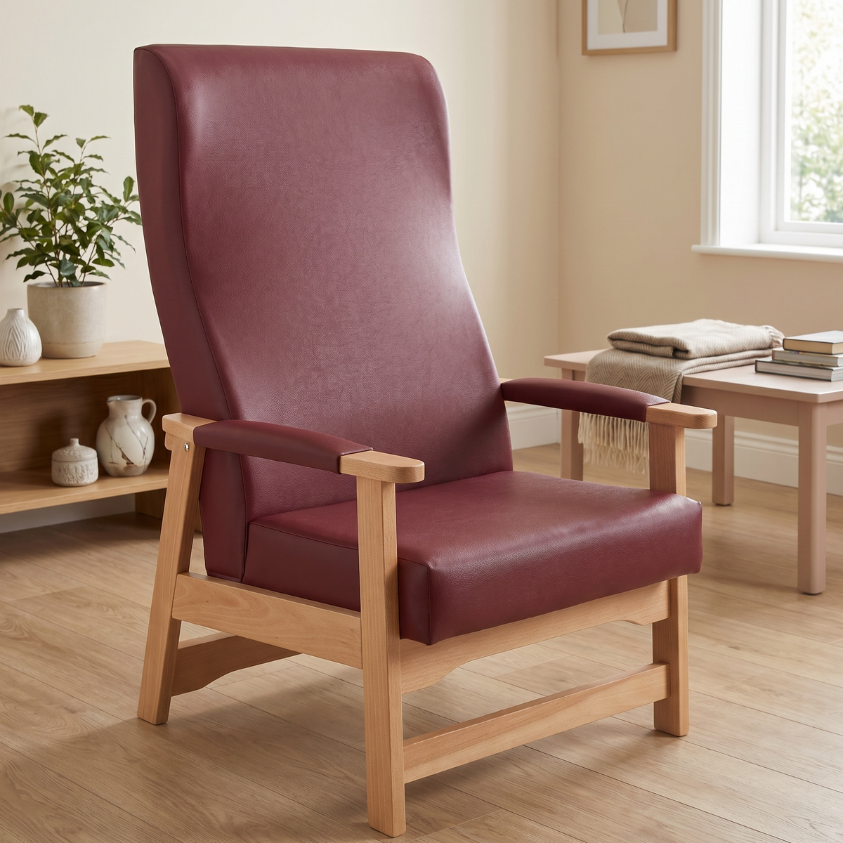 A high-back bariatric chair with burgundy upholstered seat and backrest on a light natural wood frame, shown in a bright living room setting.