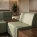 Green leather couches in a modern nursing home waiting room with a plant and wooden table.